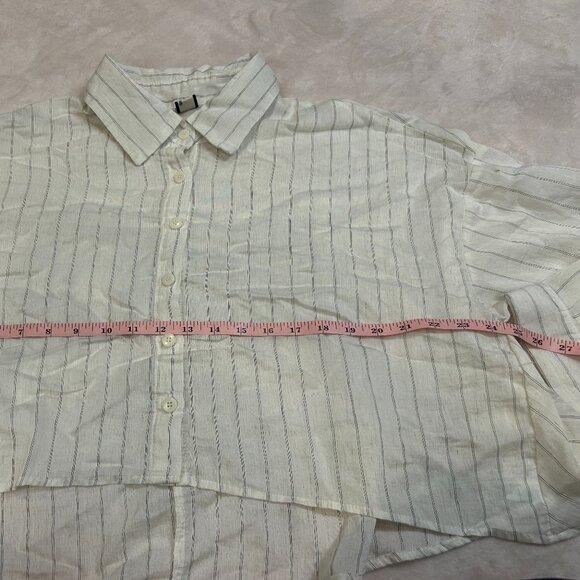 31 Fashion Linen Striped Cream Off White Set Long Sleeve Button Up Tank Top Crop - Picture 12 of 15